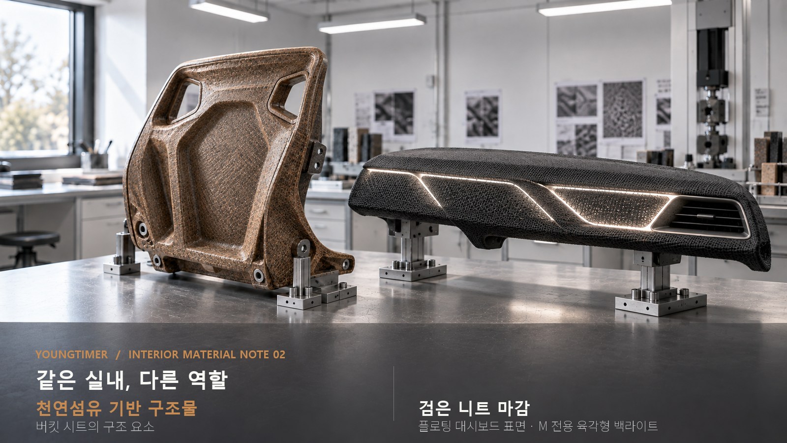 버킷 시트의 천연섬유 기반 구조물과 검은 니트 대시보드 마감의 서로 다른 역할 비교